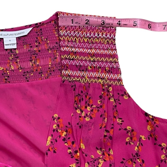 Diane Von Furstenberg DVF Silk Wrap Smocked Ditsy Floral Pink Midi Dress 6 - Picture 15 of 16